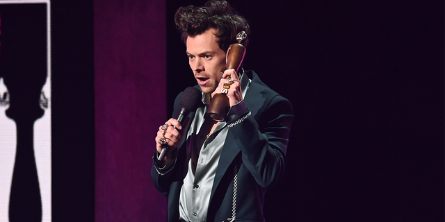 Harry Styles accepts the award for best British Pop/R&B Act on stage during The BRIT Awards 2023 at The O2 Arena on February 11, 2023 in London, England.