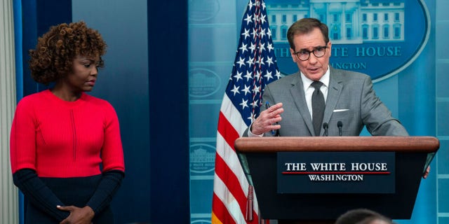 White House press secretary Karine Jean-Pierre and National Security Council spokesman John Kirby listen during a press briefing at the White House, Monday, Feb. 27, 2023, in Washington.