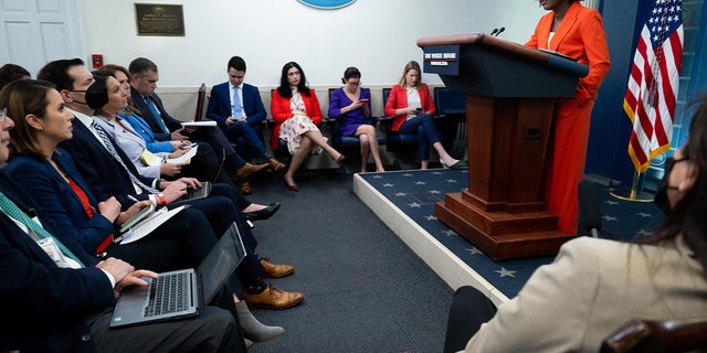 White House Press Secretary Karine Jean-Pierre speaks during the daily briefing in the James S Brady Press Briefing Room. Jean-Pierre announced the departure of two staff members amid an Exodus from Biden's White House.