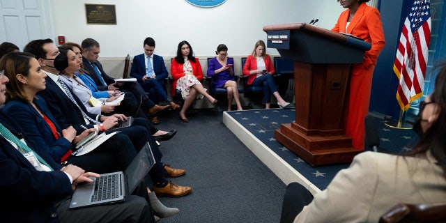 White House Press Secretary Karine Jean-Pierre speaks during the daily briefing in the James S Brady Press Briefing Room. Jean-Pierre announced the departure of two staff members amid an Exodus from Biden's White House.