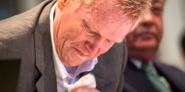 Alex Murdaugh cries while watching a video clip on his son Paul’s phone in the double murder trial of Alex Murdaugh at the Colleton County Courthouse in Walterboro, Wednesday, Feb. 1, 2023.