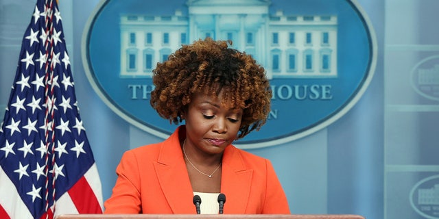 White House Press Secretary Karine Jean-Pierre speaks during a press briefing at the White House on February 23, 2023, in Washington, DC. 