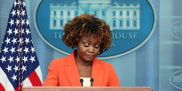 White House Press Secretary Karine Jean-Pierre speaks during a press briefing at the White House on February 23, 2023, in Washington, DC. 