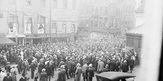 Rioters clash with National Guardsmen called in by Massachusetts Governor Calvin Coolidge during a strike by Boston police officers.