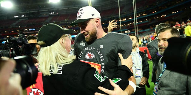 Kansas City Chiefs Travis Kelce celebrates with his mother Donna Kelce after defeating the Philadelphia Eagles at State Farm Stadium on February 12, 2023 in Glendale, Ariz. 