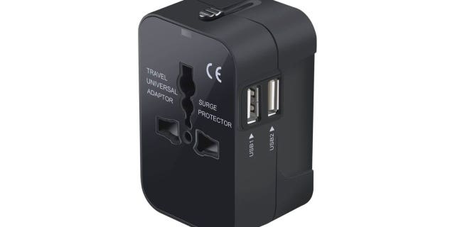 An Amazon travel adapter that can be used in different countries.