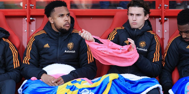 Weston McKennie of Leeds United, left, sits next to Brenden Aaronson of Leeds United on the substitutes' bench during the Premier League match between Nottingham Forest and Leeds United on Feb. 5, 2023 in Nottingham.