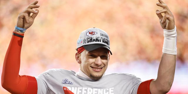 Patrick Mahomes #15 of the Kansas City Chiefs celebrates after winning the AFC Championship NFL football game between the Kansas City Chiefs and the Cincinnati Bengals at GEHA Field at Arrowhead Stadium on January 29, 2023 in Kansas City, Missouri.
