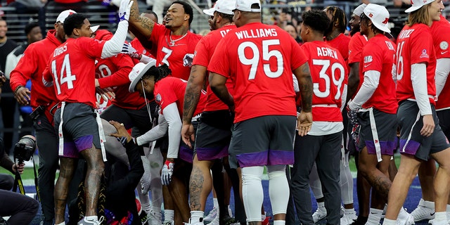 Stefon Diggs of the Buffalo Bills and AFC celebrates with teammates after scoring a touchdown against the NFC during the 2023 NFL Pro Bowl Games at Allegiant Stadium on February 05, 2023 in Las Vegas, Nevada.