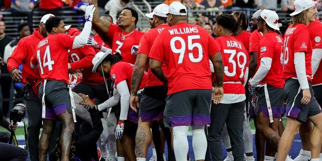 Stefon Diggs of the Buffalo Bills and AFC celebrates with teammates after scoring a touchdown against the NFC during the 2023 NFL Pro Bowl Games at Allegiant Stadium on February 05, 2023 in Las Vegas, Nevada.