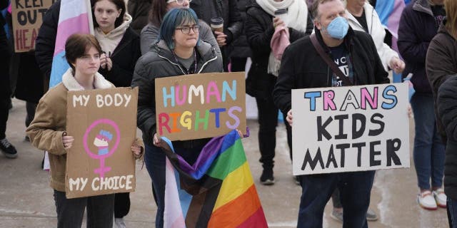 People gather in support of transgender youth during a rally at the Utah State Capitol Jan. 24, 2023, in Salt Lake City.