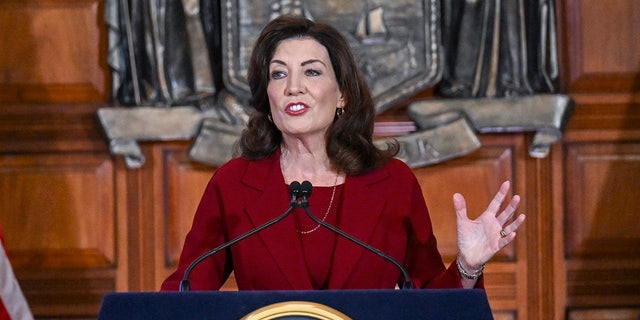 New York Gov. Kathy Hochul presents her executive state budget in the Red Room at the state Capitol Wednesday, Feb. 1, 2023, in Albany, N.Y. 