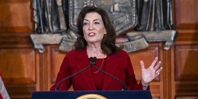 New York Gov. Kathy Hochul presents her executive state budget in the Red Room at the state Capitol Wednesday, Feb. 1, 2023, in Albany, N.Y. 