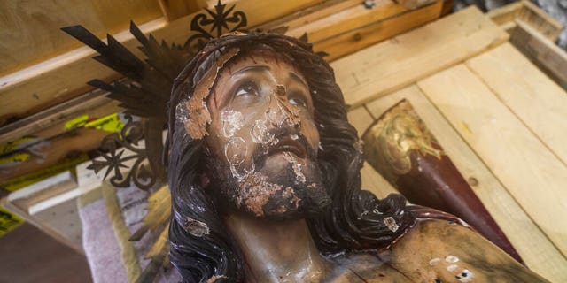 A damaged statue of Jesus in the Church of the Flagellation in Jerusalem's Old City, Thursday, Feb. 2, 2023.