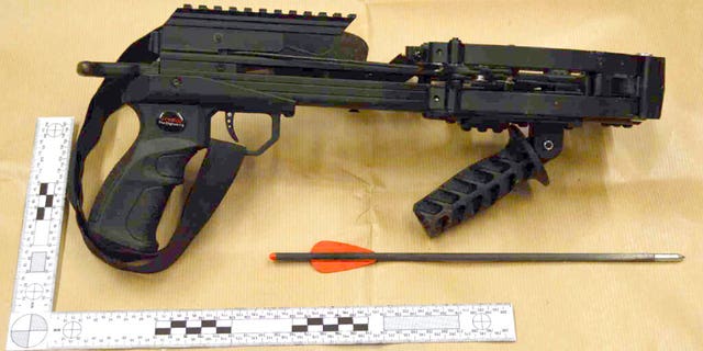 This undated photo released by the Crown Prosecution Service on Friday Feb. 3, 2023, shows a crossbow which Jaswant Singh Chail, 21, was carrying when arrested, after being caught in the grounds of Windsor Castle. Chail pleaded guilty to treason on Friday for planning to attack Queen Elizabeth II. 