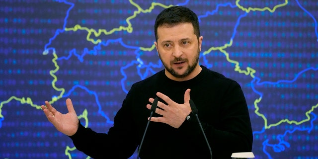 Ukrainian President Volodymyr Zelenskyy addresses a media conference after the EU-Ukraine summit in Kyiv, Ukraine, Friday, Feb. 3, 2023. 