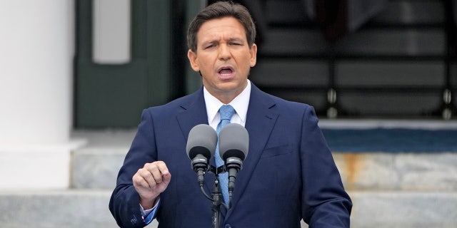 Florida Gov. Ron DeSantis is seen speaking during an inauguration ceremony on Jan. 3, 2023, in Tallahassee. The state legislature this week will consider expanding DeSantis' migrant flight program. 