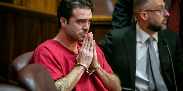 Telenovela star Pablo Lyle tries to regain his composure after reading a statement in court apologizing to the Hernández family during his sentencing in Miami-Dade Criminal Court in Miami on Feb. 3, 2023.