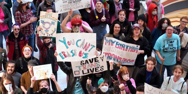 Trans-rights activists protest outside the House chamber at the state Capitol