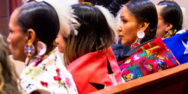 A woman supporter of Nathan Chasing Horse sits in court, Monday, Feb. 6, 2023, in North Las Vegas, Nev.