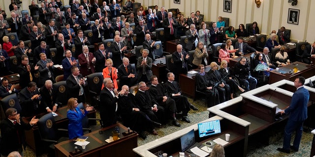 Governor Kevin Stitt is applauded by members of Congress during his state address in Oklahoma City on Monday, February 6, 2023.