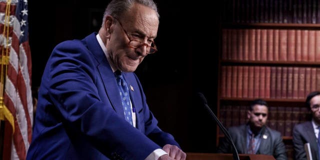 Senate Majority Leader Chuck Schumer, D-N.Y., a close ally of President Joe Biden, talks to reporters ahead of the State of the Union gathering, at the Capitol in Washington, Tuesday, Feb. 7, 2023.