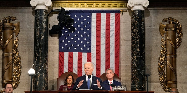 President Biden delivers the State of the Union address to a joint session of Congress at the U.S. Capitol, Tuesday, Feb. 7, 2023, in Washington, as Vice President Kamala Harris and House Speaker Kevin McCarthy of Calif., watch. 