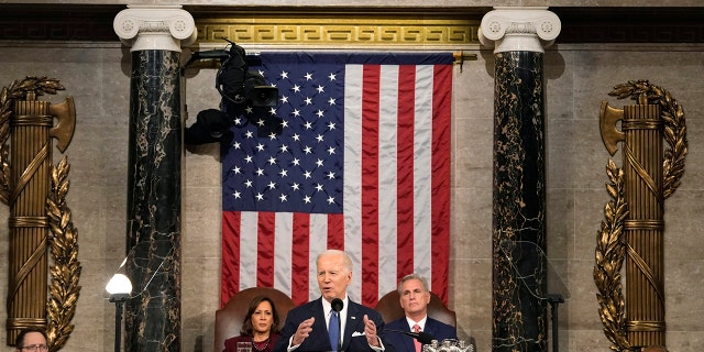 President Biden delivers the State of the Union address during a joint session of Congress on the United States Capitol, Tuesday, Feb. 7, 2023, in Washington, as Vice President Kamala Harris and President of the House Kevin McCarthy of California. 