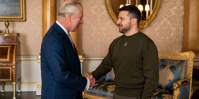 King Charles III meets with Ukrainian President Volodymyr Zelenskyy at Buckingham Palace, London, on Wednesday Feb. 8, 2023.