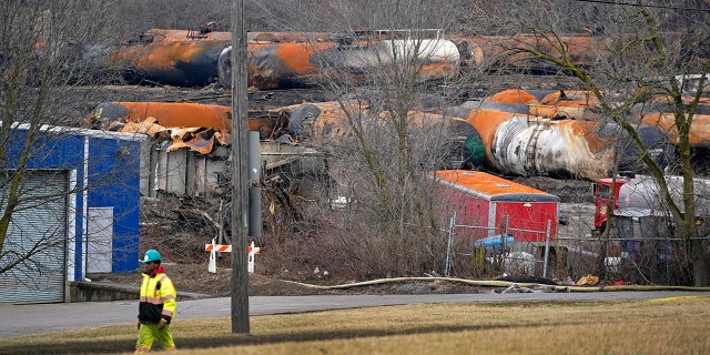 The derailed Norfolk Southern freight train is pictured on Feb. 9 as the cleanup continues.