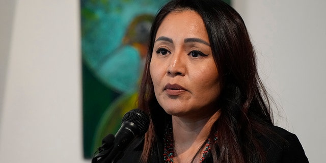 Amanda Blackhorse speaks during a news conference by Native American advocacy groups, Thursday, Feb. 9, 2023, in Phoenix. 