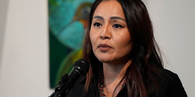 Amanda Blackhorse speaks during a news conference by Native American advocacy groups, Thursday, Feb. 9, 2023, in Phoenix. 