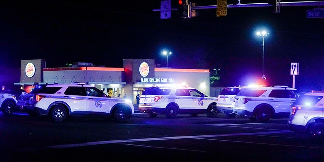 Los vehículos de la policía se estacionan en formación en un punto de control de la intersección en Mountain Road y Belair Road, donde se cree que un presunto pistolero anda suelto, el jueves 9 de febrero de 2023, en Fallston, Maryland.