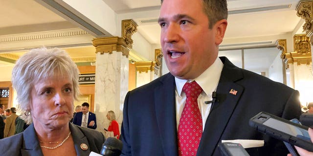 Missouri Attorney General Andrew Bailey speaks to reporters after taking the oath of office Tuesday, January 3, 2023, in Jefferson City, Missouri.