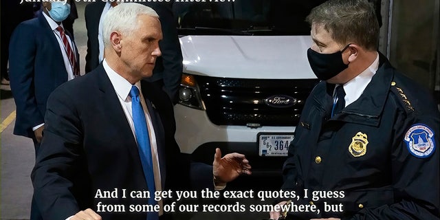 Former Vice President Mike Pence, seen talking from his secure loading dock location during the Jan. 6 riot, is facing a DOJ subpoena related to investigations into former President Trump's efforts to overturn the 2020 election results. 