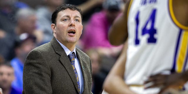 Then-LSU assistant coach Greg Heiar, center, yells from the sidelines during the team's NCAA men's college basketball tournament game against Yale in Jacksonville, Florida on March 21, 2019.