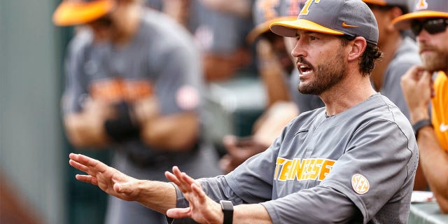 Tennessee head coach Tony Vitello reacts to a call during an NCAA college baseball super regional game against LSU, June 13, 2021, in Knoxville, Tenn. The Volunteers last year set a program record for wins and won SEC regular-season and tournament titles for the first time since 1995. 