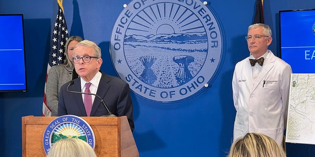 Ohio Republican Gov. Mike DeWine provides an update on the train derailment in East Palestine, Ohio, on Tuesday.