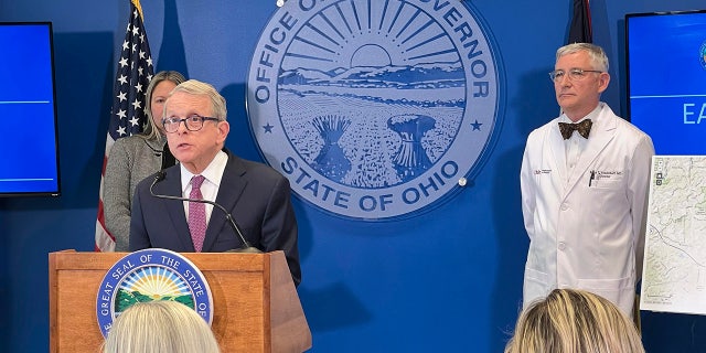 Ohio Republican Gov. Mike DeWine provides an update on the train derailment in East Palestine, Ohio, on Tuesday.