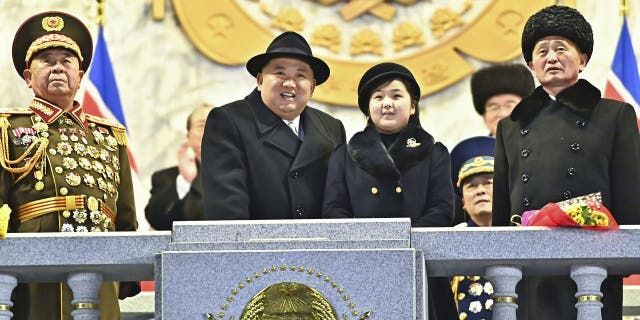 Kim Jong Un and Kim Ju Ae mark the 75th anniversary of the Korean People's Army on Kim Il Sung Square in Pyongyang, North Korea, Feb. 8, 2023.