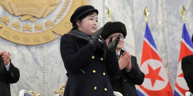 Kim Jong Un's daughter named Kim Ju-Ae and about 10 years old participates in a military parade to celebrate the 75th anniversary of the Korean People's Army at Kim Il Sung Square in Pyongyang, February 8, 2023.