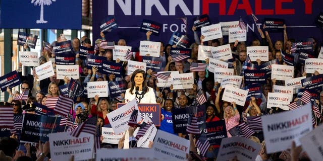 Republican presidential candidate Nikki Haley speaks to supporters during her speech Wednesday, Feb. 15, 2023, in Charleston, S.C. Haley launched her 2024 presidential campaign on Wednesday, betting that her boundary-breaking career as a woman and person of color who governed in the heart of the South before representing the U.S. on the world stage can overcome entrenched support for her onetime boss, former President Donald Trump.(AP Photo/Mic Smith)