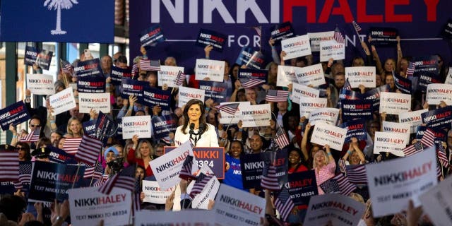 Republican presidential candidate Nikki Haley speaks to supporters during her speech Wednesday, Feb. 15, 2023, in Charleston, S.C. Haley launched her 2024 presidential campaign on Wednesday, betting that her boundary-breaking career as a woman and person of color who governed in the heart of the South before representing the U.S. on the world stage can overcome entrenched support for her onetime boss, former President Donald Trump.(AP Photo/Mic Smith)