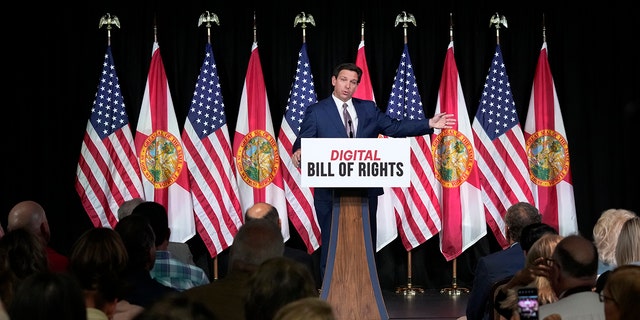 Florida Gov. Ron DeSantis speaks as he announces a proposal for Digital Bill of Rights, Wednesday, Feb. 15, 2023, at Palm Beach Atlantic University in West Palm Beach, Fla. 