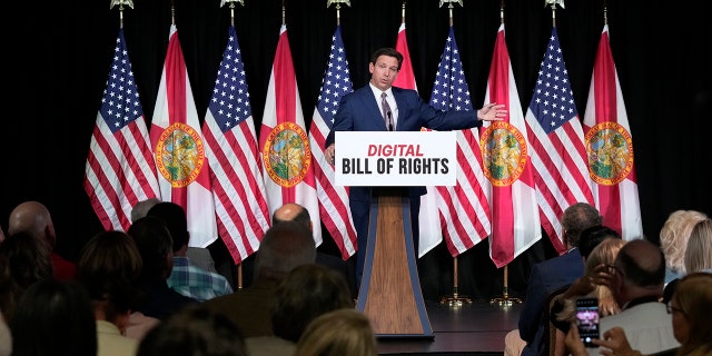 Florida Gov. Ron DeSantis speaks as he announces a proposal for Digital Bill of Rights, Wednesday, Feb. 15, 2023, at Palm Beach Atlantic University in West Palm Beach, Fla.