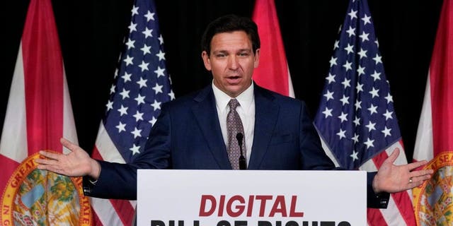 Florida Governor Ron DeSantis speaks announcing the Digital Bill of Rights proposal on Wednesday, February 15, 2023 at Palm Beach Atlantic University in West Palm Beach, Florida.