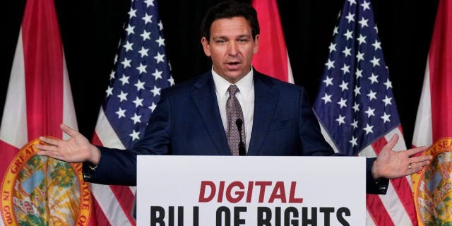 Florida Gov. Ron DeSantis speaks as he announces a proposal for Digital Bill of Rights, Wednesday, Feb. 15, 2023, at Palm Beach Atlantic University in West Palm Beach, Fla.