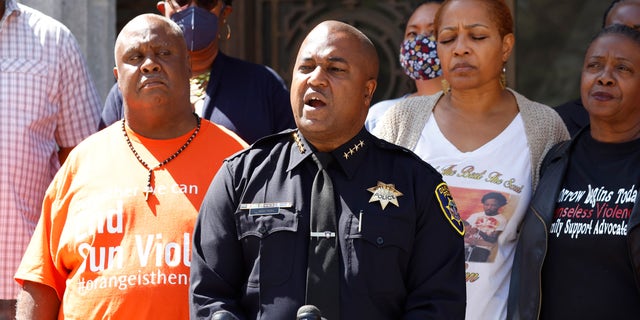 Oakland police chief LeRonne Armstrong speaks during a press conference outside City Hall in Oakland, California, on Aug. 30, 2022.