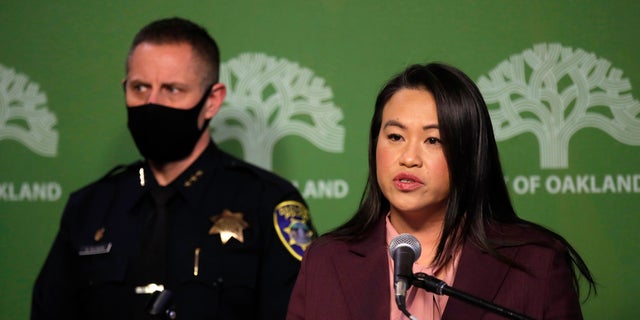 Oakland Mayor Sheng Tao announces the dismissal of Oakland Police Chief Leron Armstrong during a press conference at Oakland, California City Hall on Wednesday, February 15, 2023.