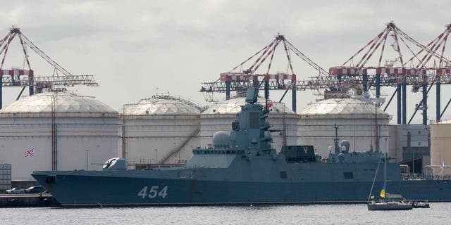 The Russian frigate Admiral Gorshkov docked in the port of Cape Town in South Africa, Tuesday, February 14, 2023, en route to the South African east coast to conduct naval exercises with the South African and Chinese navies.  The exercise began on Friday, February 17, 2023, a demonstration of the countries' close ties between Russia's war in Ukraine and China's strained relations with the West.  (AP Photo/Nardus Engelbrecht)